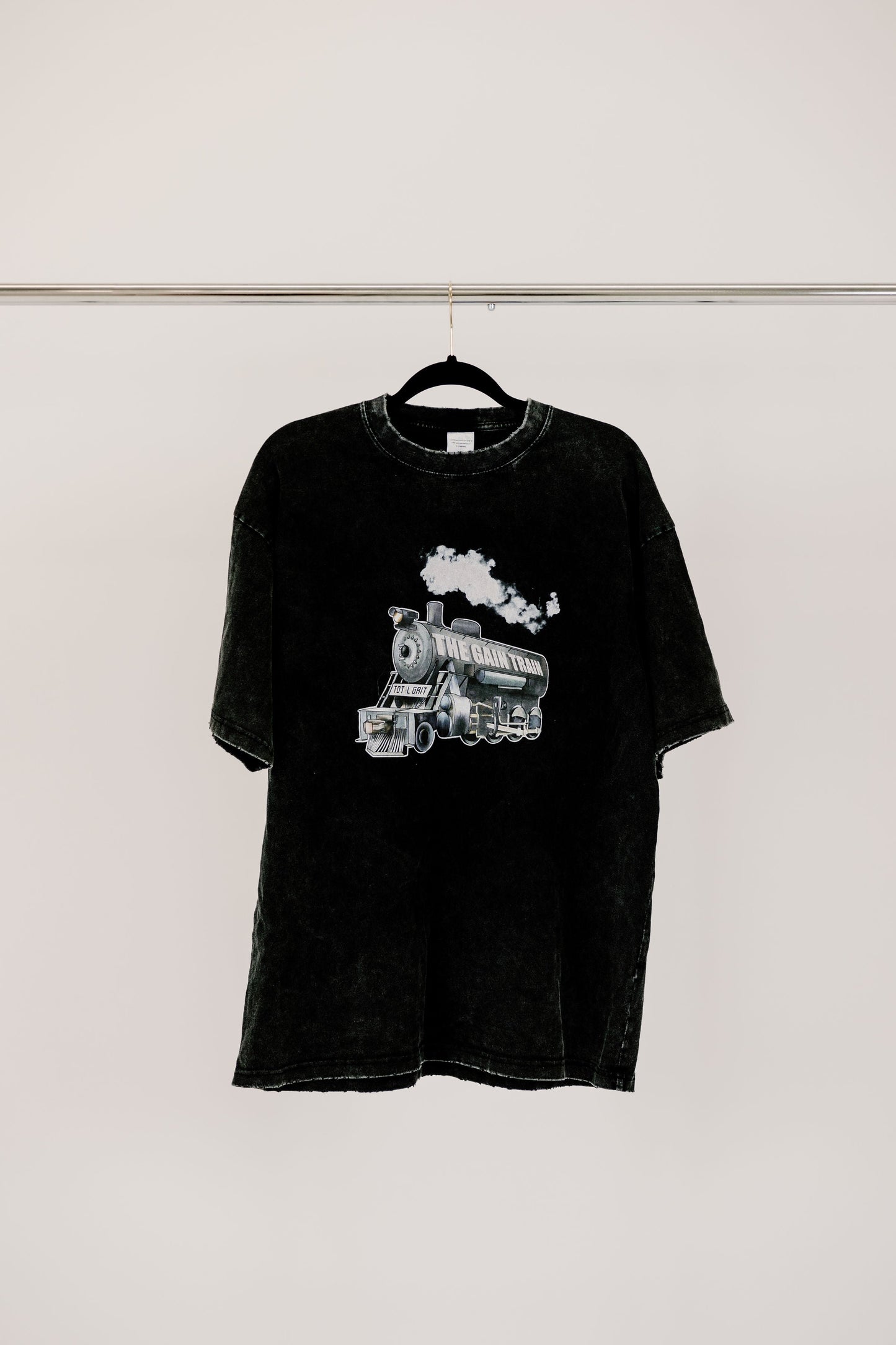 Frontside view of the Gain Train baggy tee, want to hop aboard? Destination Gainsville.
