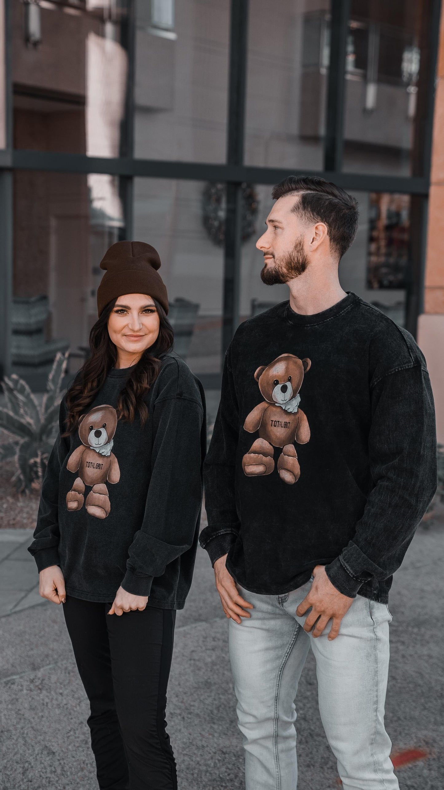 Duo shot of the Long Sleeve Teddy Crewneck. Good vibes all around.