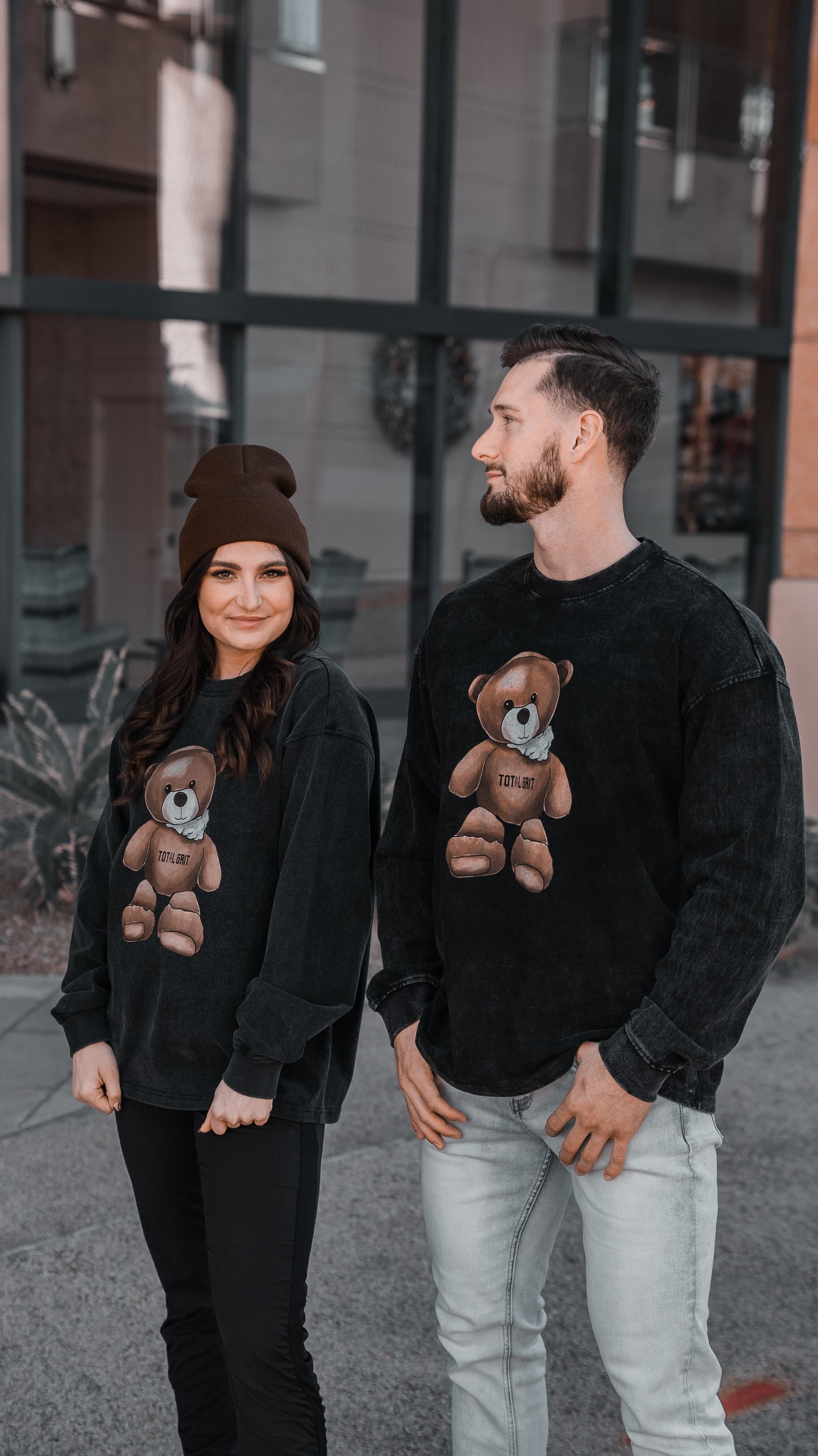 Duo shot of the Long Sleeve Teddy Crewneck. Good vibes all around.