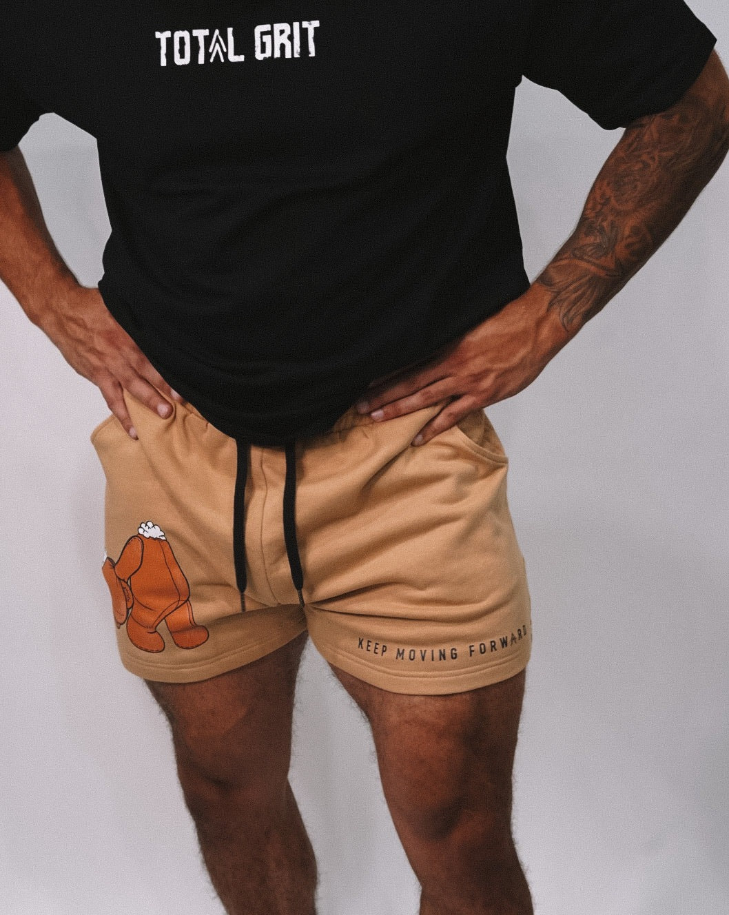 Better shot of the Keep Moving Forward lettering on the left leg of the shorts.