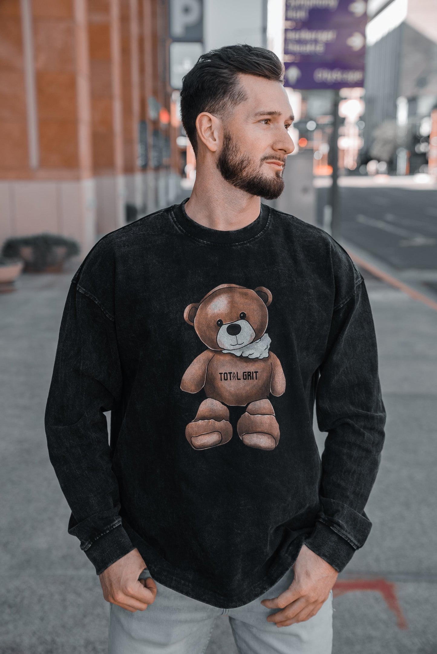 Front shot of male model rocking the Teddy Long sleeve, perfect to be worn out in a casual setting.