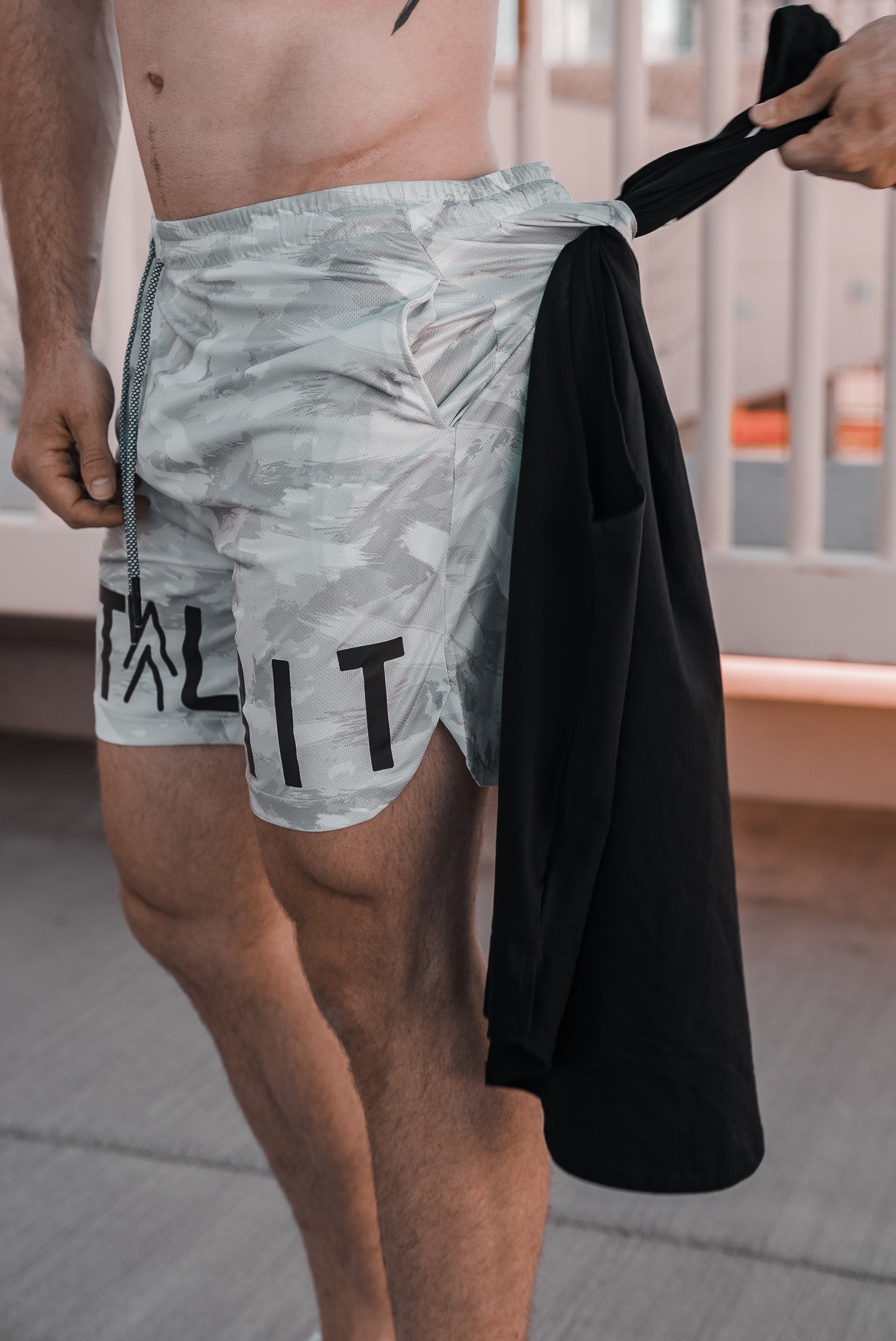 Detail shot of the white camo shorts showing the t-shirt loop in the back.