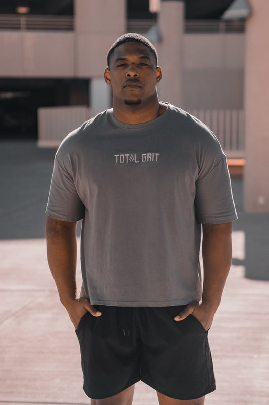 Another front shot of the grey short sleeve, showing off the slightly longer sleeve, and custom logo embroidery on the front.